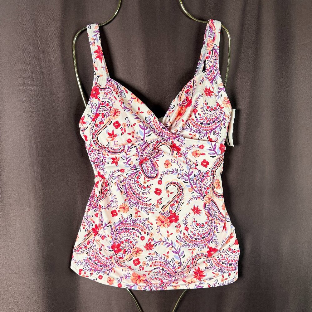 Lands' End Women's 4, 2-8 LONG Underwire Wrap Tankini Top Wood Lily Multi Floral